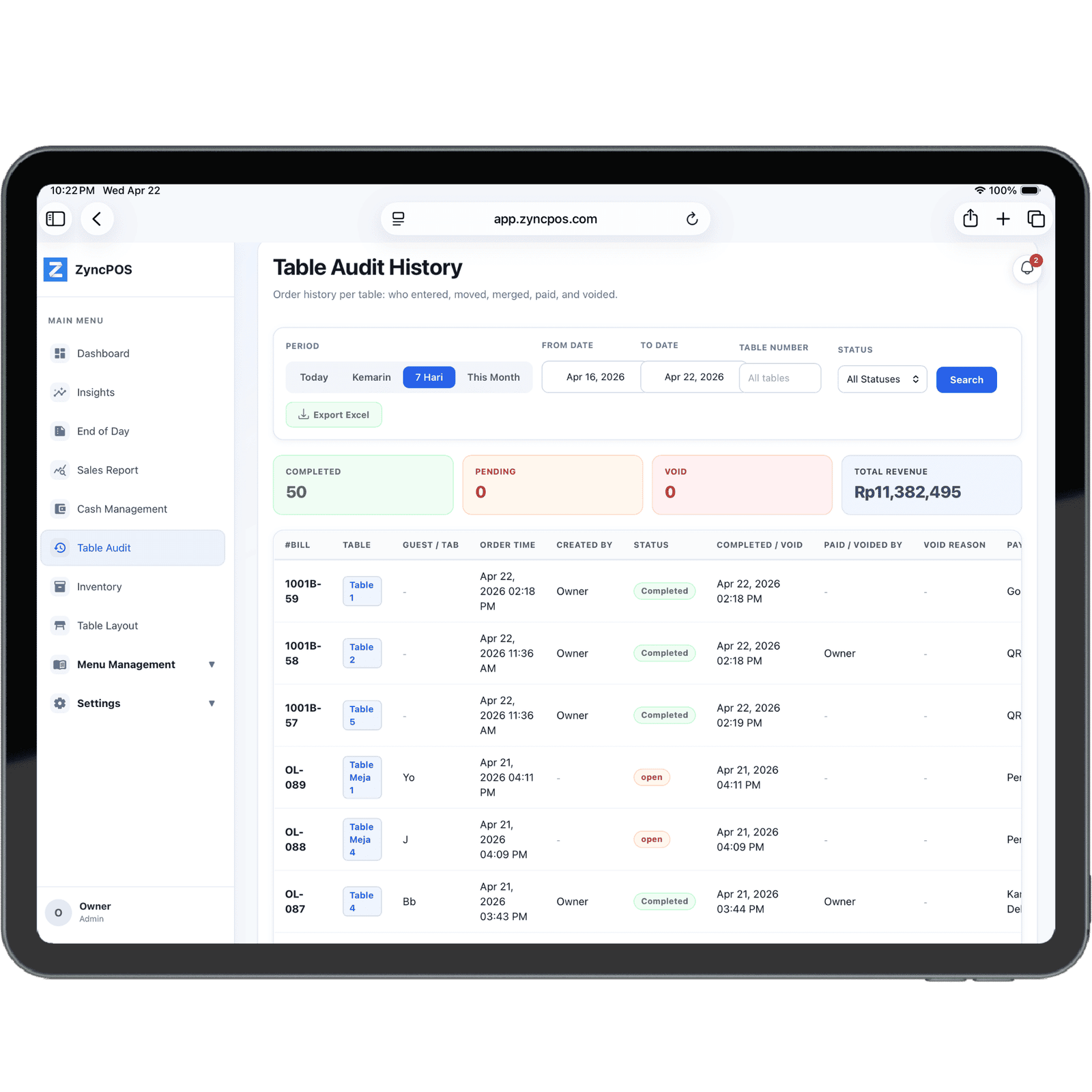 ZyncPOS Table Audit History