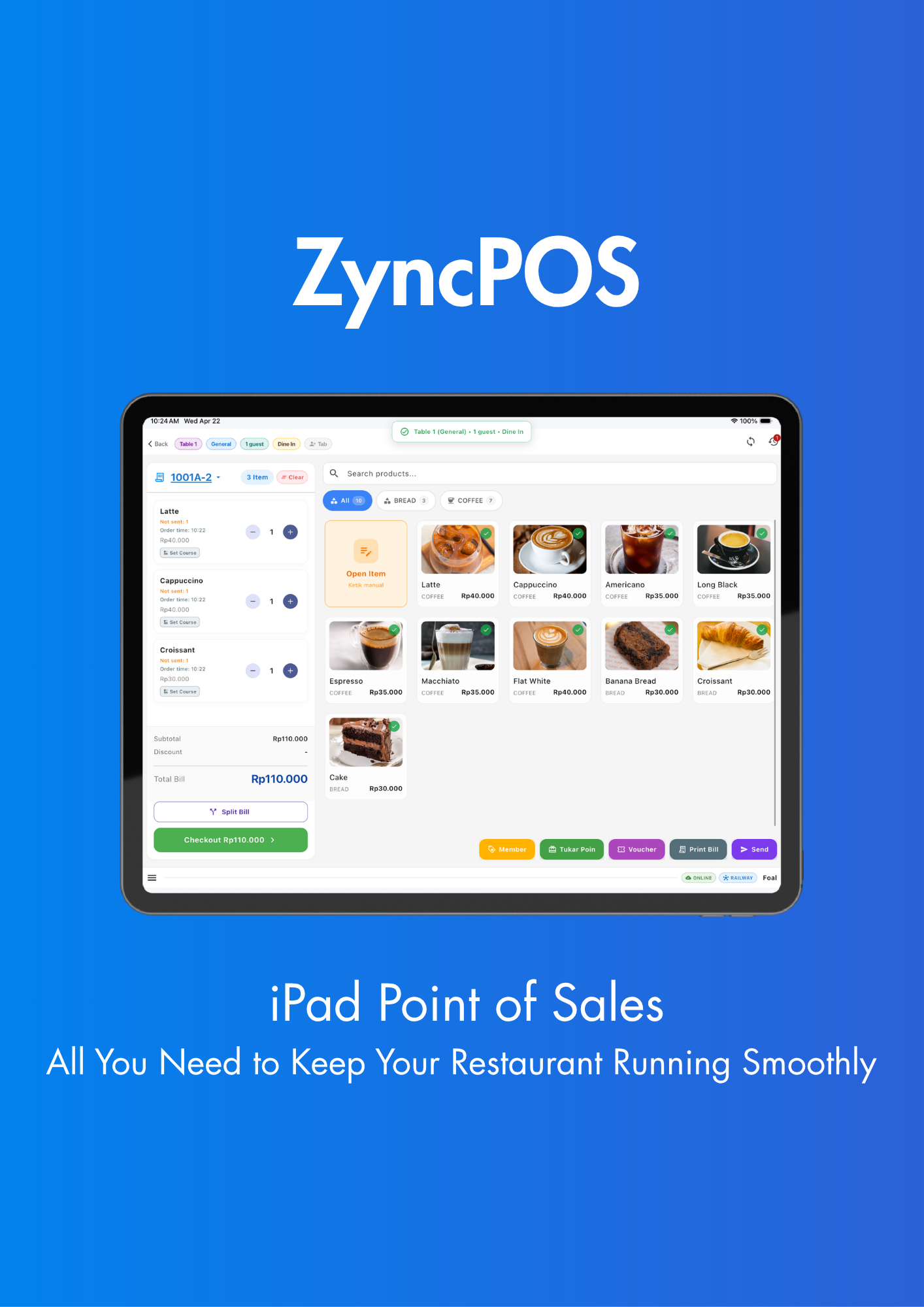 Preview tampilan kasir ZyncPOS di iPad